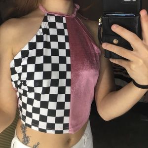 Half checkered half pink velvet halter crop top